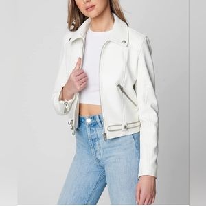 womens White Leather Hooded Moto Jacket With Zipper Pockets and